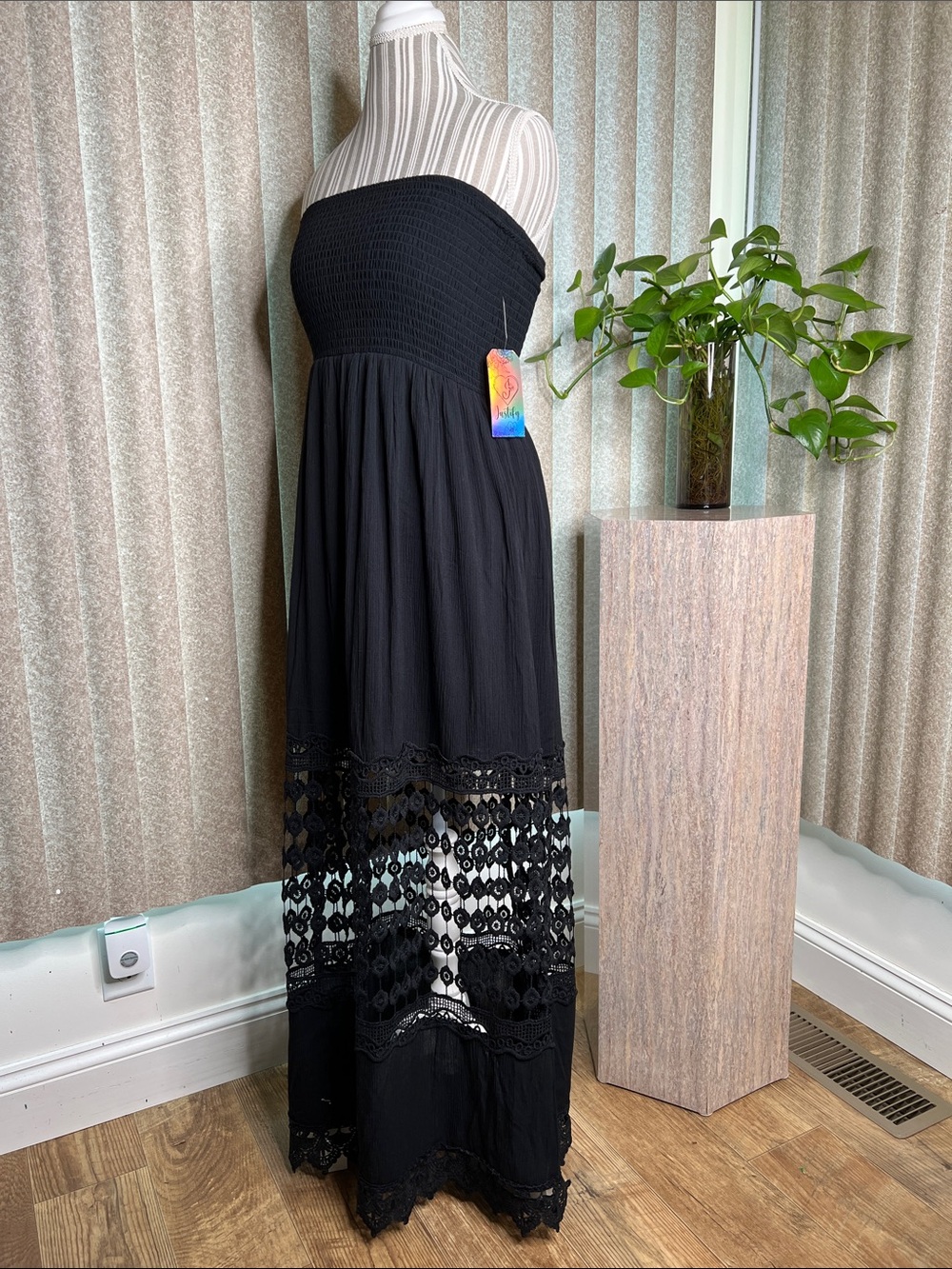 Justify’s Strapless Black Maxi Dress with Lace Paneling S-L NWT